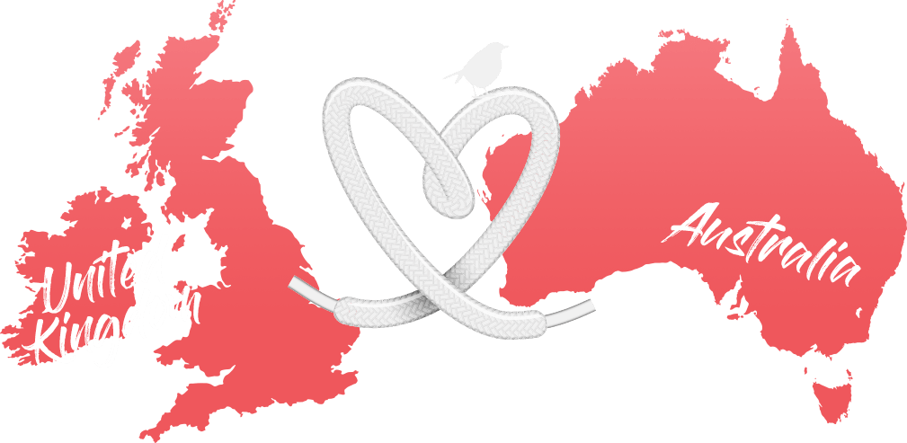 Graphic of shoelaces, shaped into a heart. In front of graphics of Australia and United Kingdom.
